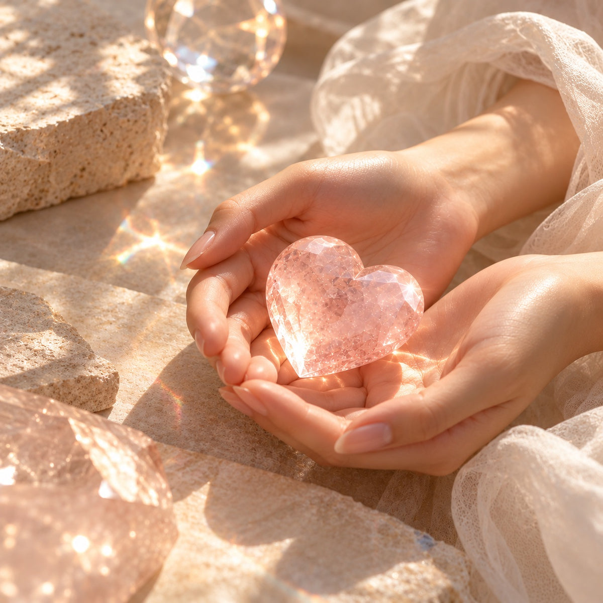 Hands holding a pink crystal heart