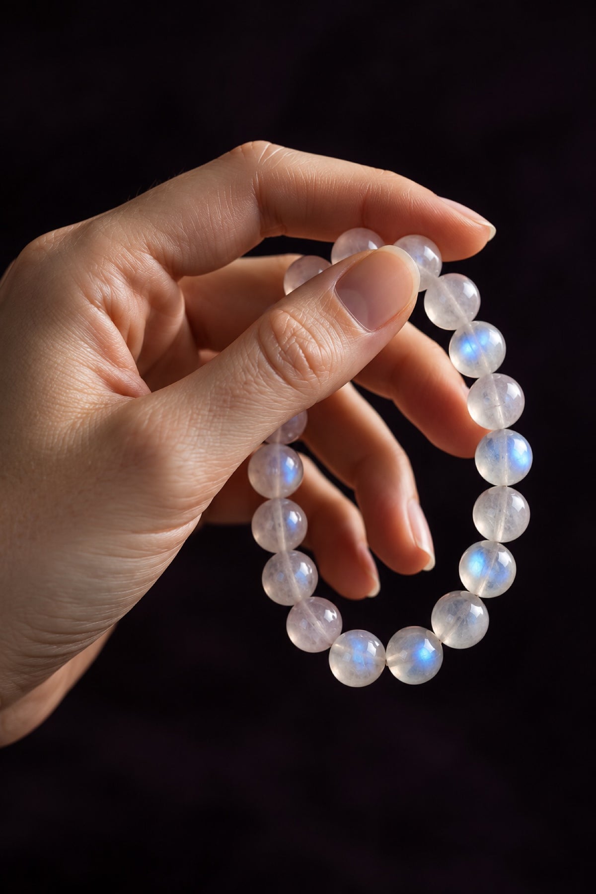 Hand holding a moonstone crystal bracelet