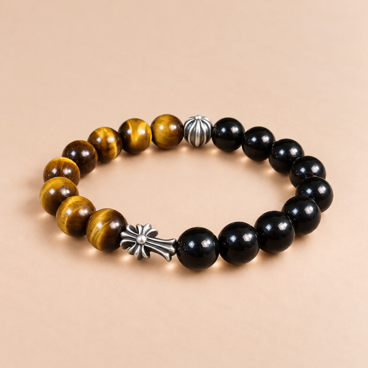 Yellow Tiger's Eye, Obsidian & Sterling Silver Bracelet